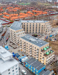 Lägenhetshus i det nya bostadsområdet Tamarinden, sett utifrån ett fågelperspektiv.