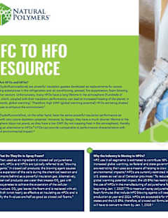 Informational sheet titled ‘HFC to HFO Resource’ with sections explaining foam insulation transition details and a photo of spray foam being applied.