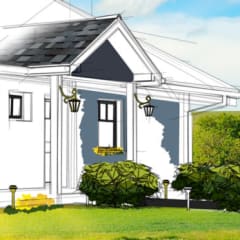 Drawing of the exterior of a house set against a photo background with green grass and bright blue sky with clouds
