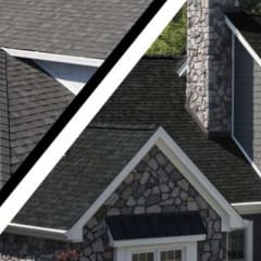 Photo of light gray shingles on a house compared with a roof with dark gray shingles
