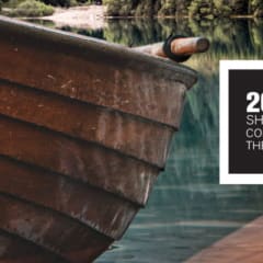 Montage image with a wooden boat in a lake with a scenic wooded landscape behind. Wooden oars and deep green furs also composited for a very earthy, nature-inspired visual.