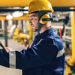 person in a plant working with loud equipment