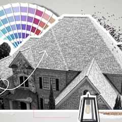 Cut outs of a greyed out house, paint chip samples, tan brick, and shingle swatches