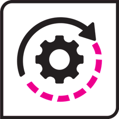 Black and pink icon of a gear turning