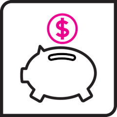 Black and pink icon of piggy bank and coin