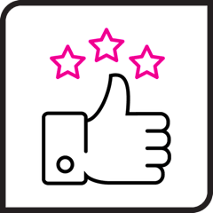 Black and pink icon of a thumbs up and star ratings