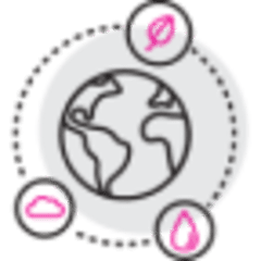 Illustration of a globe with 3 icons floating around it – one for earth, sky and water. 