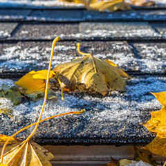Close up view of shingles with snow and frost coating, and fall leaves.