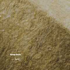 Akmens vates plaksnes dabā ar tekstu "vidējais blīvums" un "GWP" 