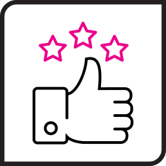 Ícono negro y rosa de un pulgar hacia arriba y calificaciones de estrellas