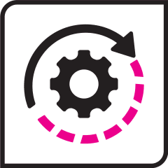 Black and pink icon of a gear turning