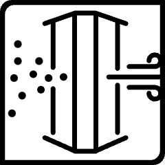 Graphic of dust particles going into a filter on the left side. Only clean air comes out on the right.