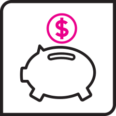 Icono negro y rosa de alcancía y moneda.