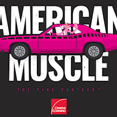 Pink muscle car with the Pink Panther driving in front of words "AMERICAN MUSCLE"
