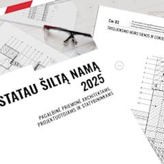 Ant brėžinių fono padėtas katalogas „Statau šiltą namą 2025“ ir vienas katalogo brėžinys