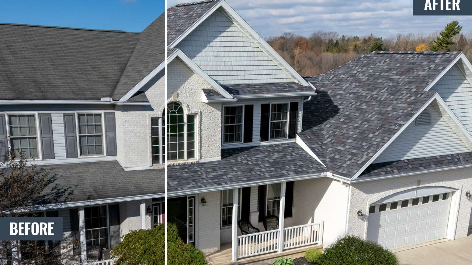 Before and After photos side by side of a blue home with new Gray Tweed Duration Designer shingles
