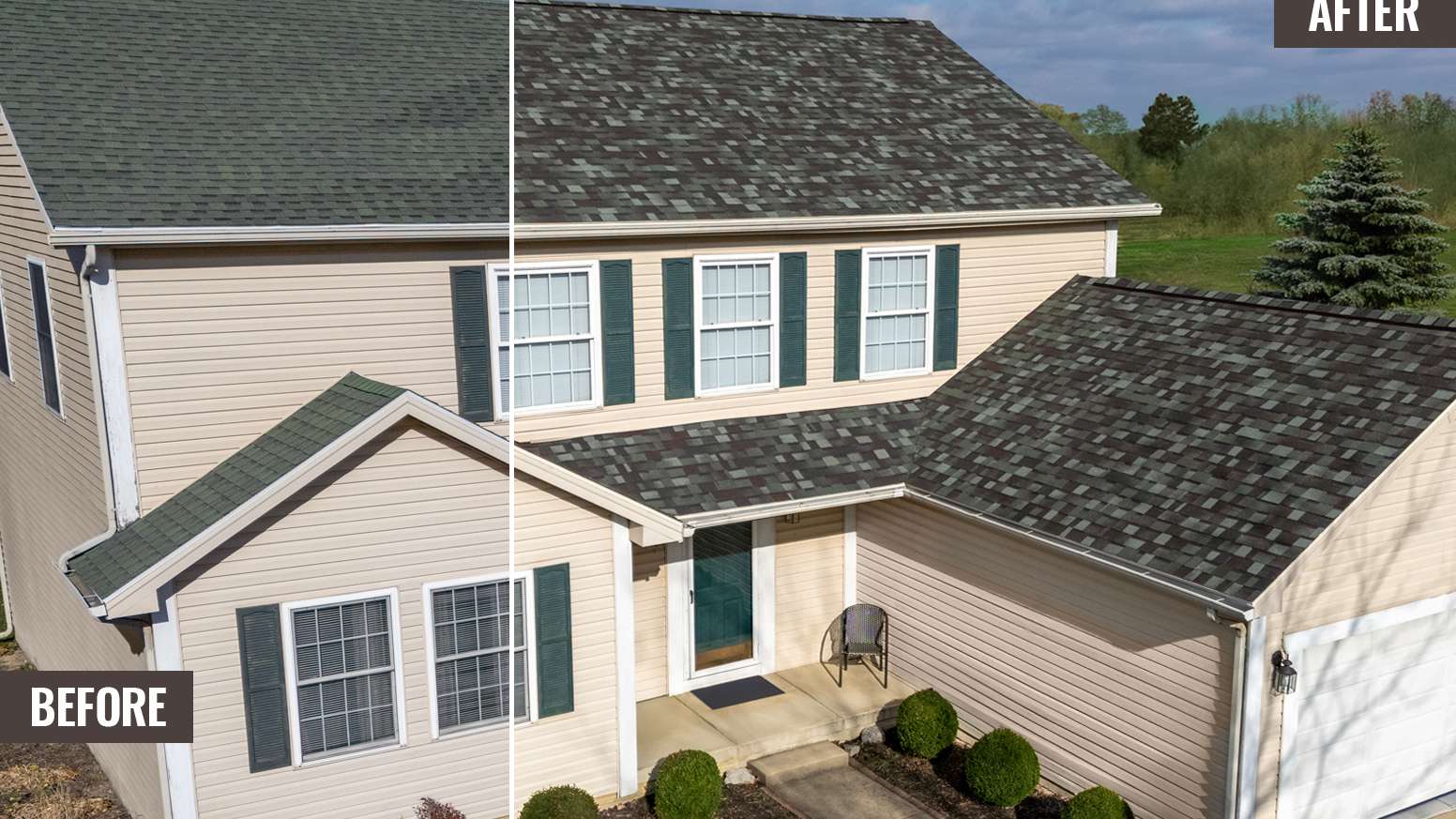 Before and After photos side by side of a blue home with new Mountain Pine Duration Designer shingles