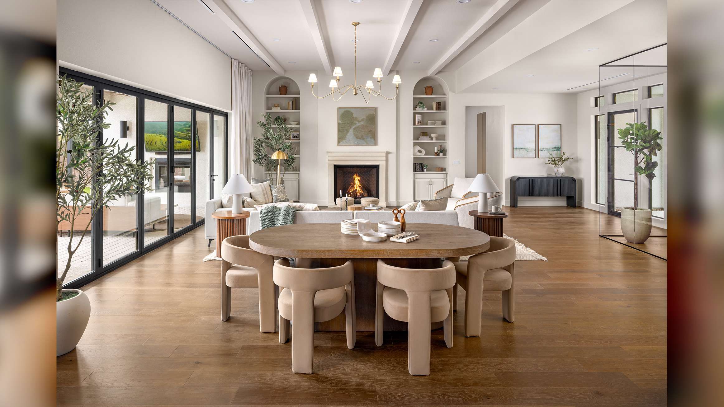 beautiful Las Vegas, Nevada home interior design, luxury sliding doors by Fleetwood living area extending into exterior patio