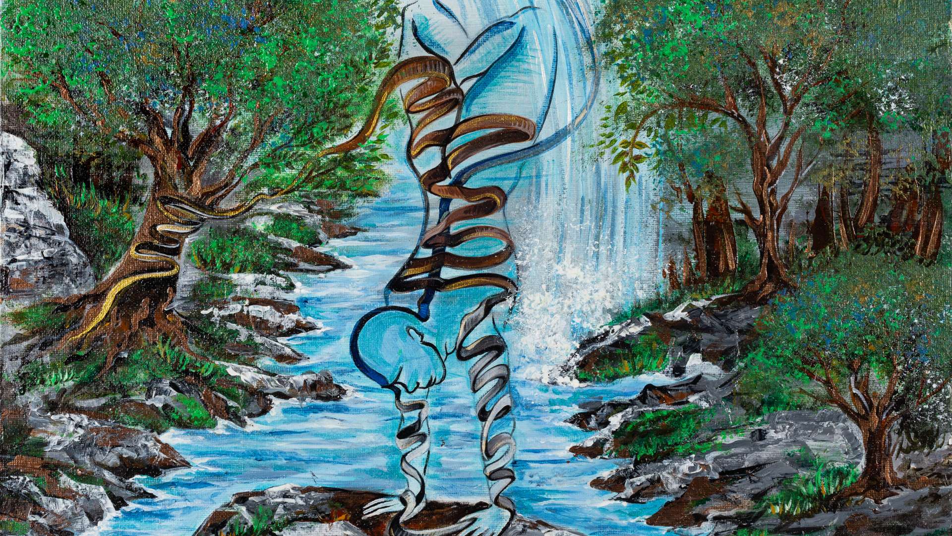   Surreal painting of a twisted human figure blending with a waterfall and trees in a vibrant forest scene.