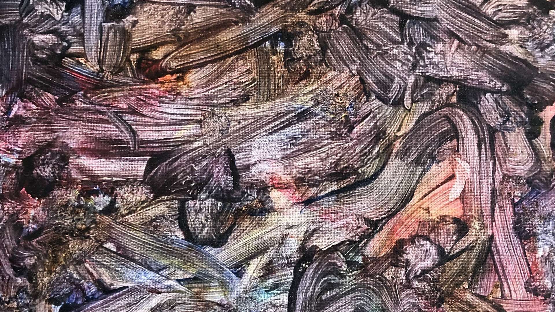   “Abstract painting with thick swirling brushstrokes in dark tones and hints of purple, blue, and metallic accents.