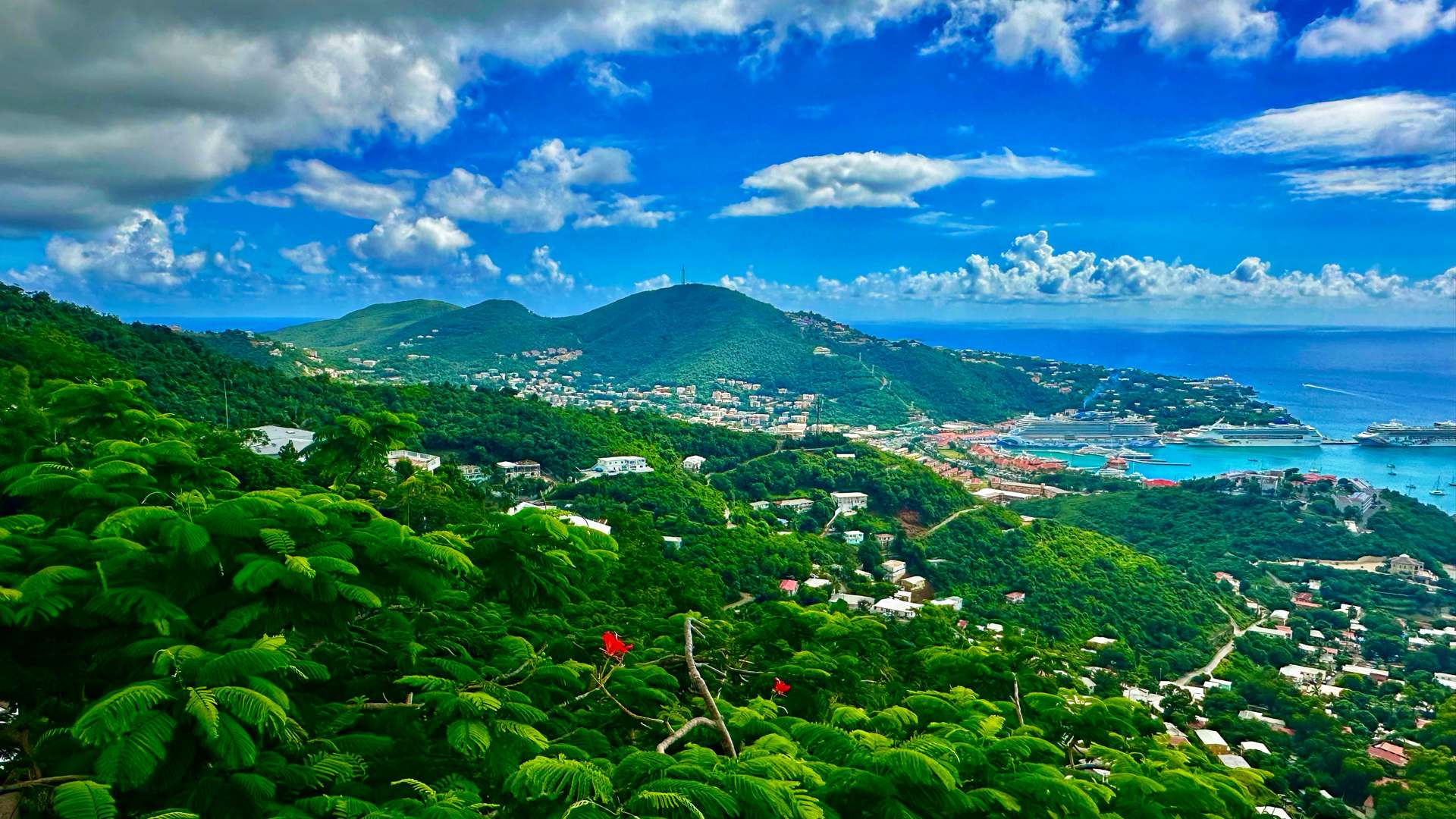   Panoramic view of lush green hills, coastal town, and blue ocean under partly cloudy sky.