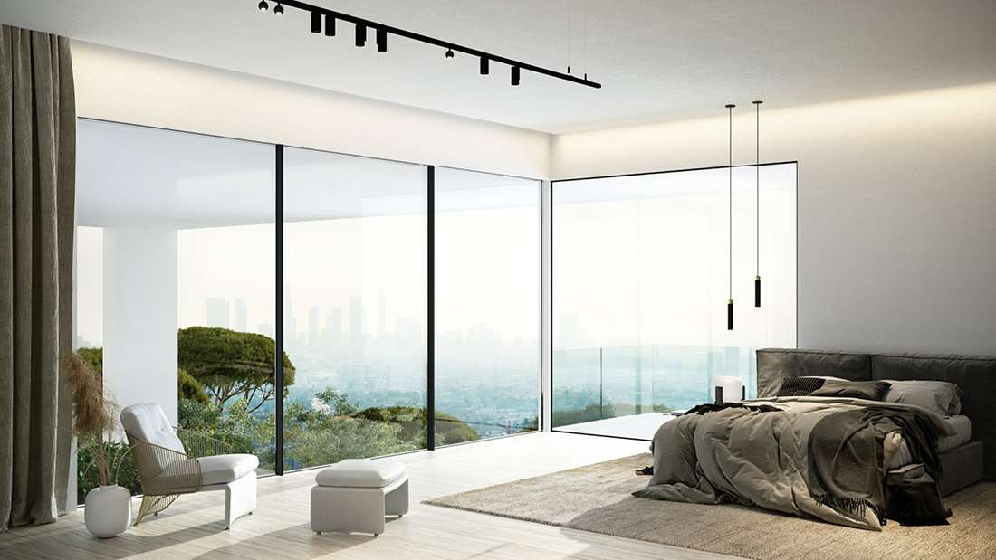 Modern luxury bedroom with floor-to-ceiling glass windows, panoramic city view, minimalist furniture, neutral tones, and contemporary pendant lighting.