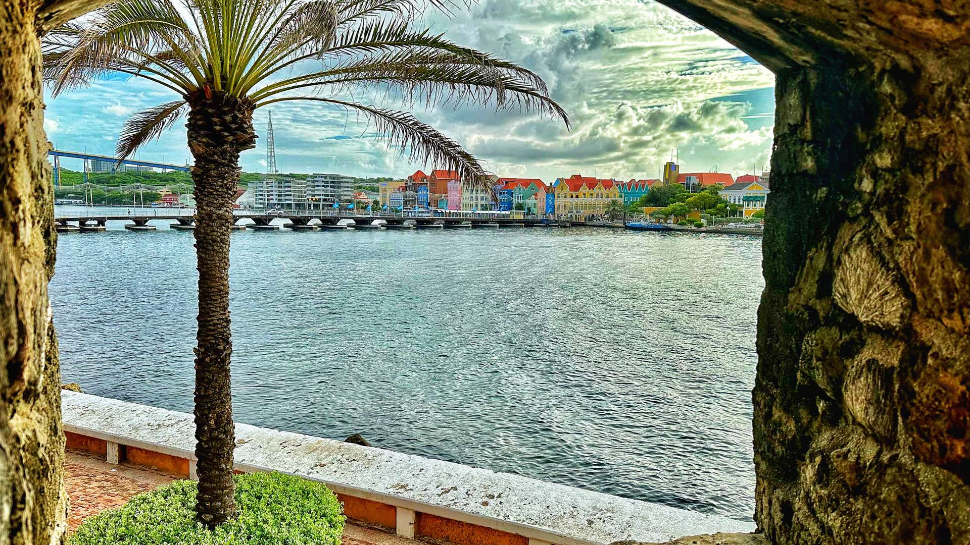   View of colorful waterfront buildings and bridge framed by a stone arch with a palm tree in the foreground.
