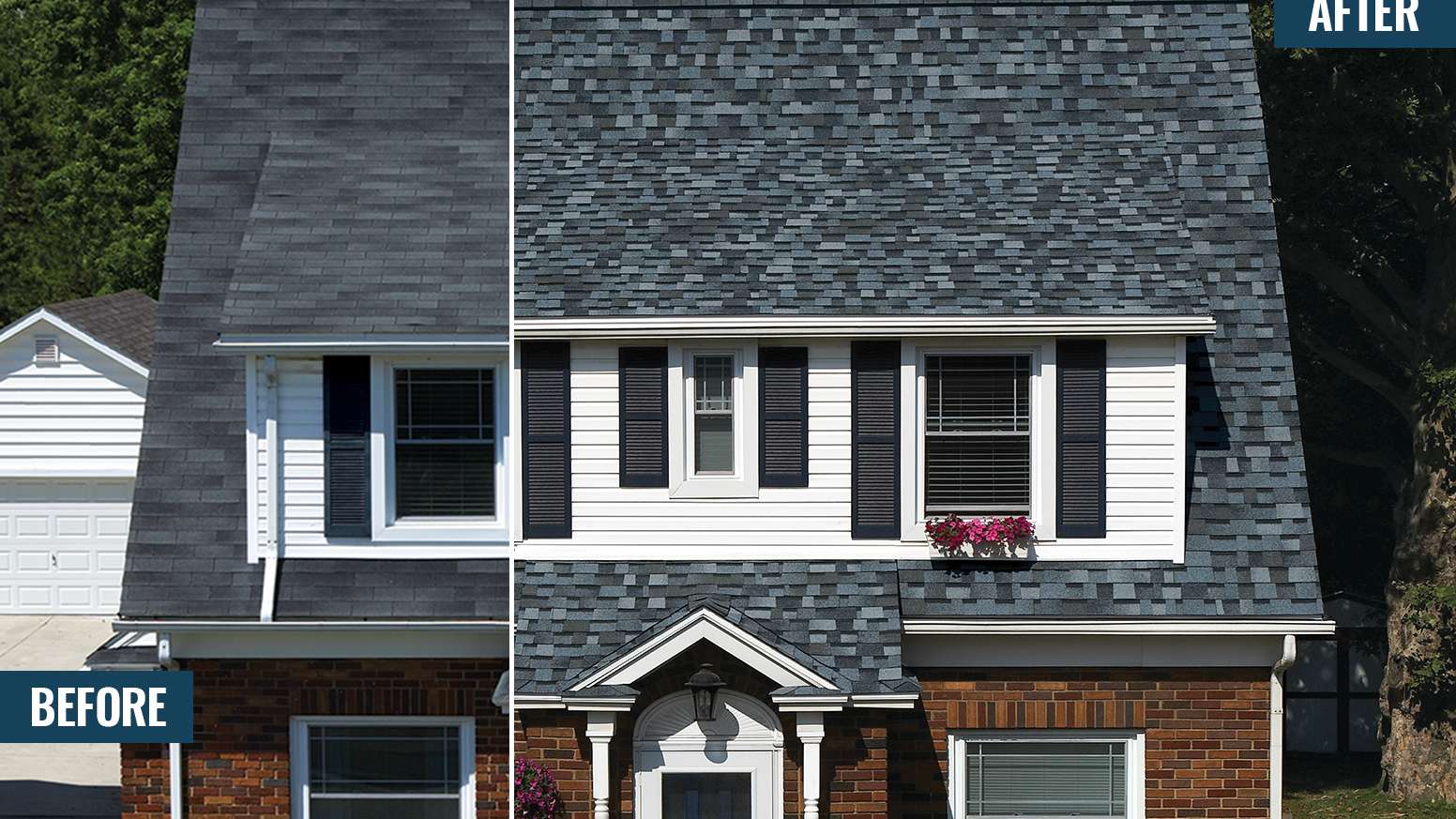 Before and After photos side by side of a white sided and orange brick home with new Pacific Wave Duration Designer shingles
