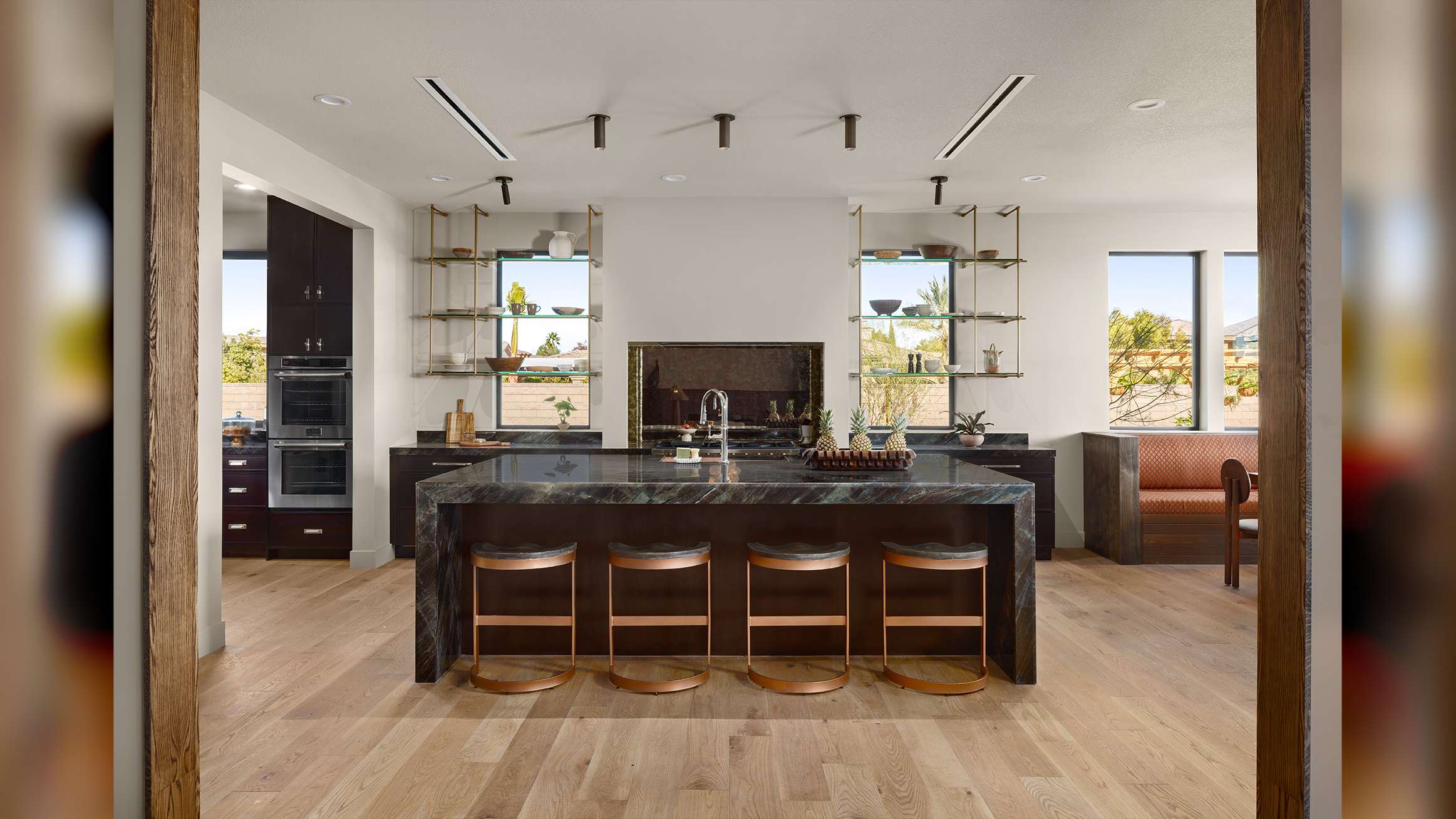 beautiful Las Vegas, Nevada home interior design, luxury sliding doors by Fleetwood living area extending into exterior patio