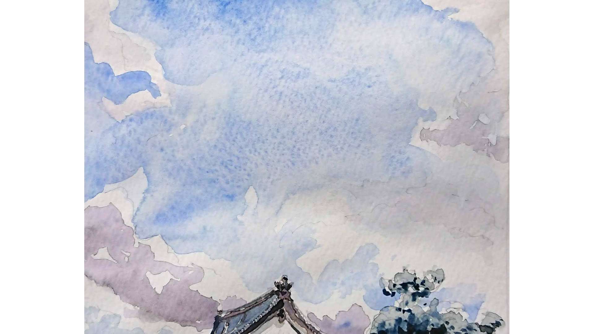   Watercolor painting of a traditional Japanese building with trees under a bright blue sky and scattered clouds.