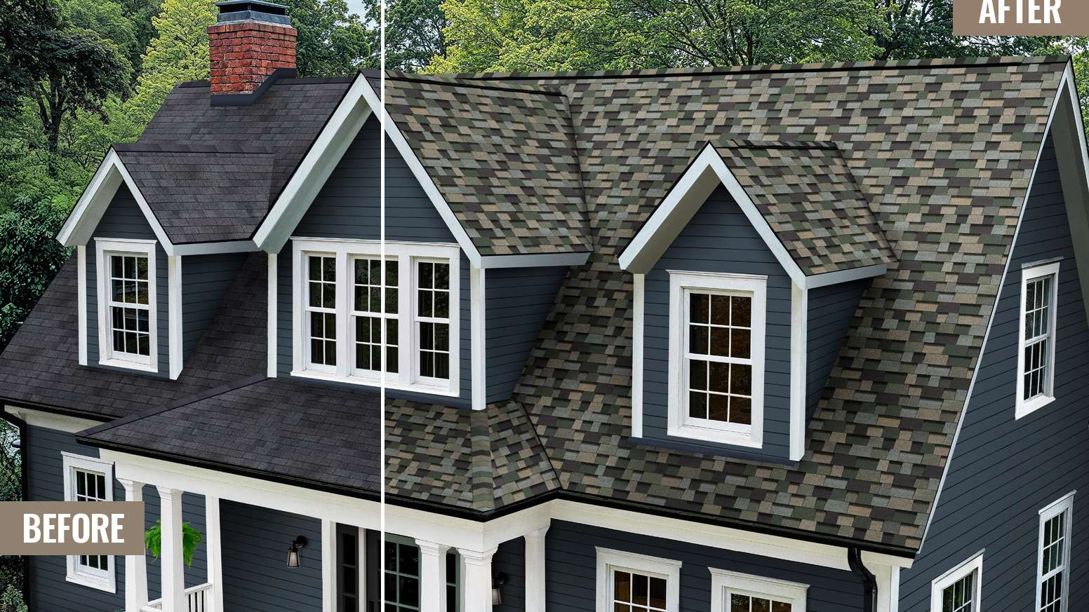 Before and After photos side by side of a blue home with new Evergreen Mist Duration Designer shingles