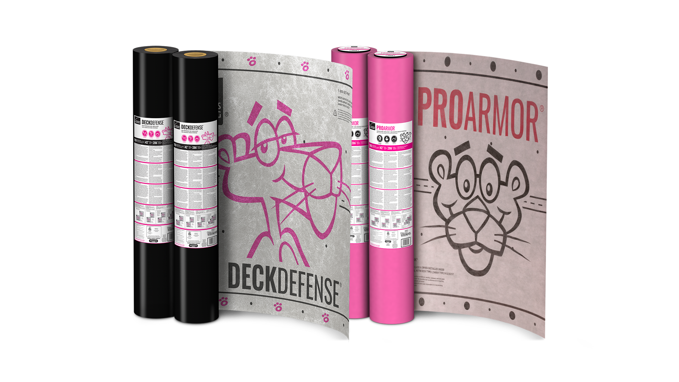 Rolls of Owens Corning Proarmor and Deck Defense underlayments on a white background.