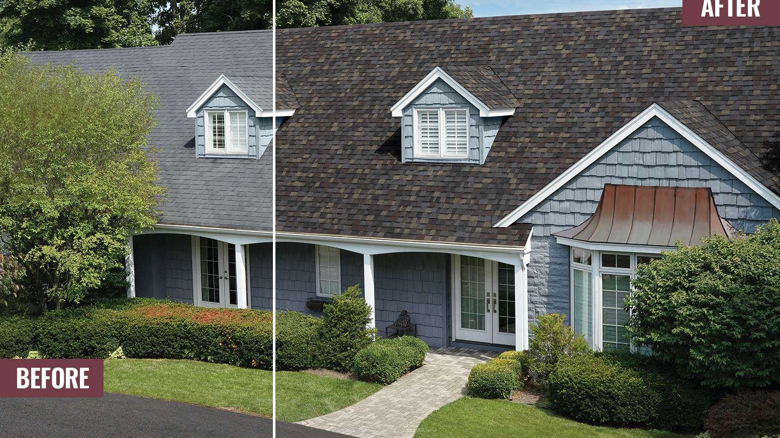 Before and After photos side by side of a blue-gray home with new Black Sable Duration Designer shingles