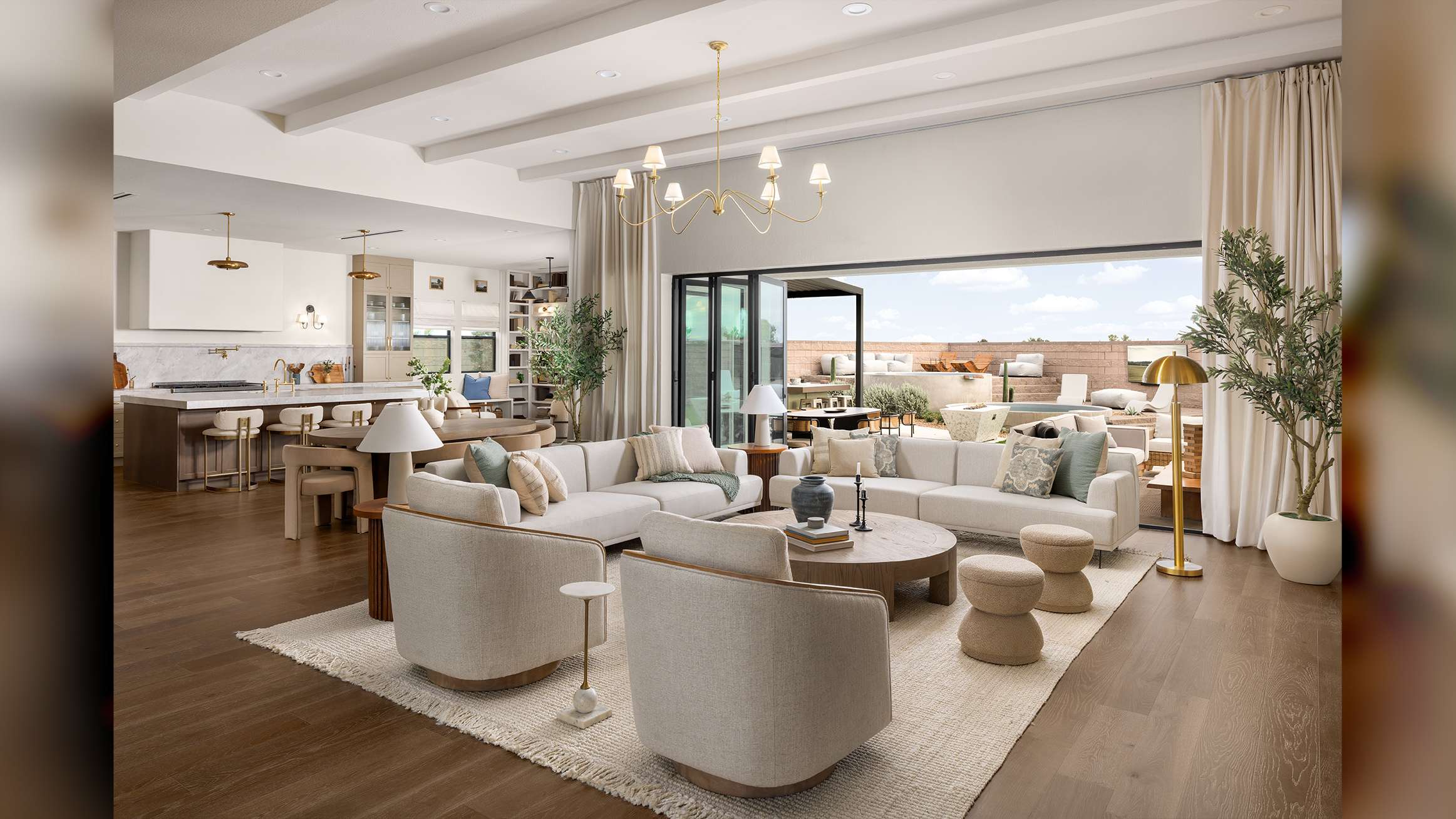 beautiful Las Vegas, Nevada home interior design, luxury sliding doors by Fleetwood living area extending into exterior patio