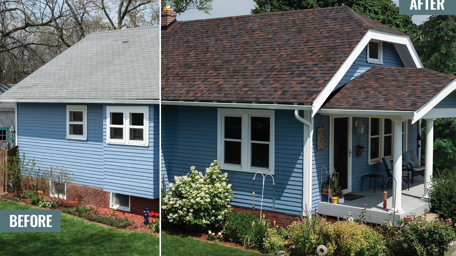 Before and After photos side by side of a blue home with new Bourbon Duration Designer shingles