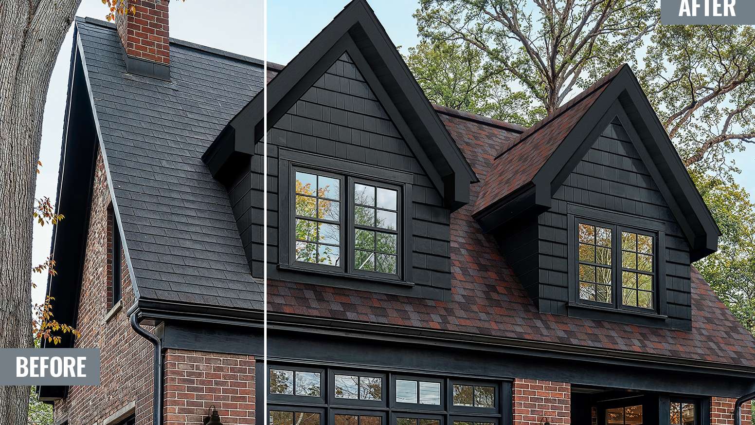 Before and After photos side by side of a red brick home with black accents and new Merlot Duration Designer shingles