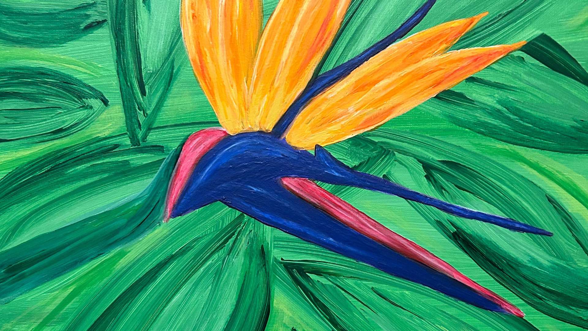   Painting of a vibrant bird of paradise flower with orange petals and blue-purple accents against green leaves.
