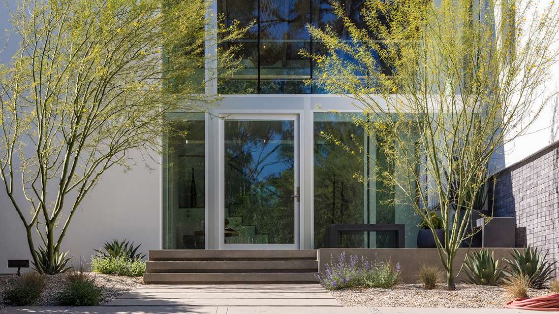 Modern home entrance with full-height glass door and sidelights framed in white, minimalist landscaping featuring desert plants and gravel, and large windows reflecting surrounding greenery.