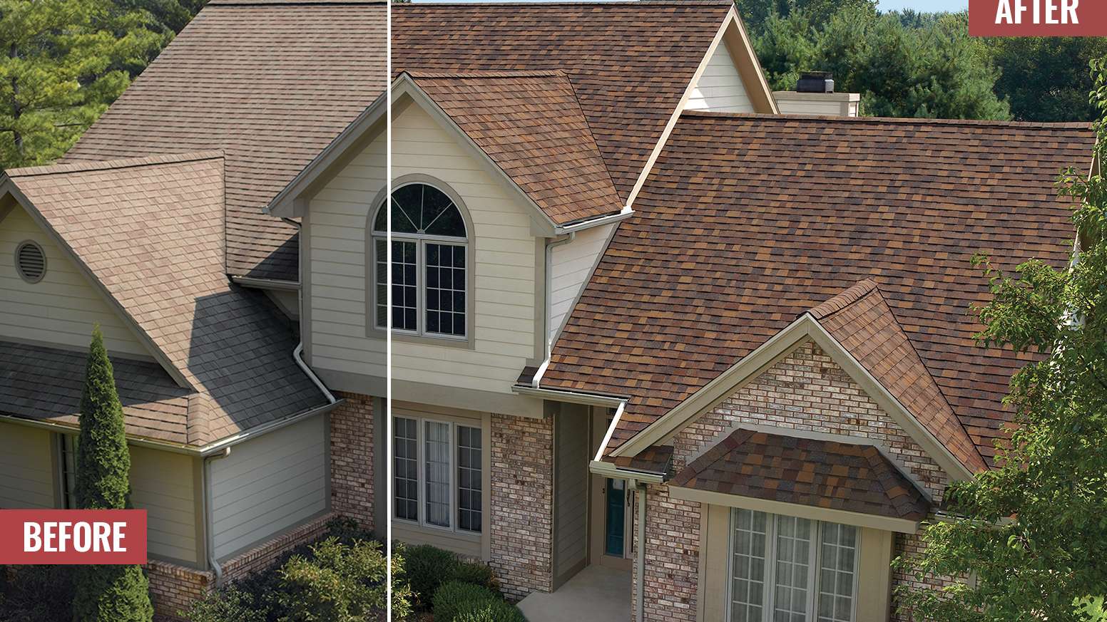 Before and After photos side by side of a tan home with new Sedone Canyon Duration Designer shingles