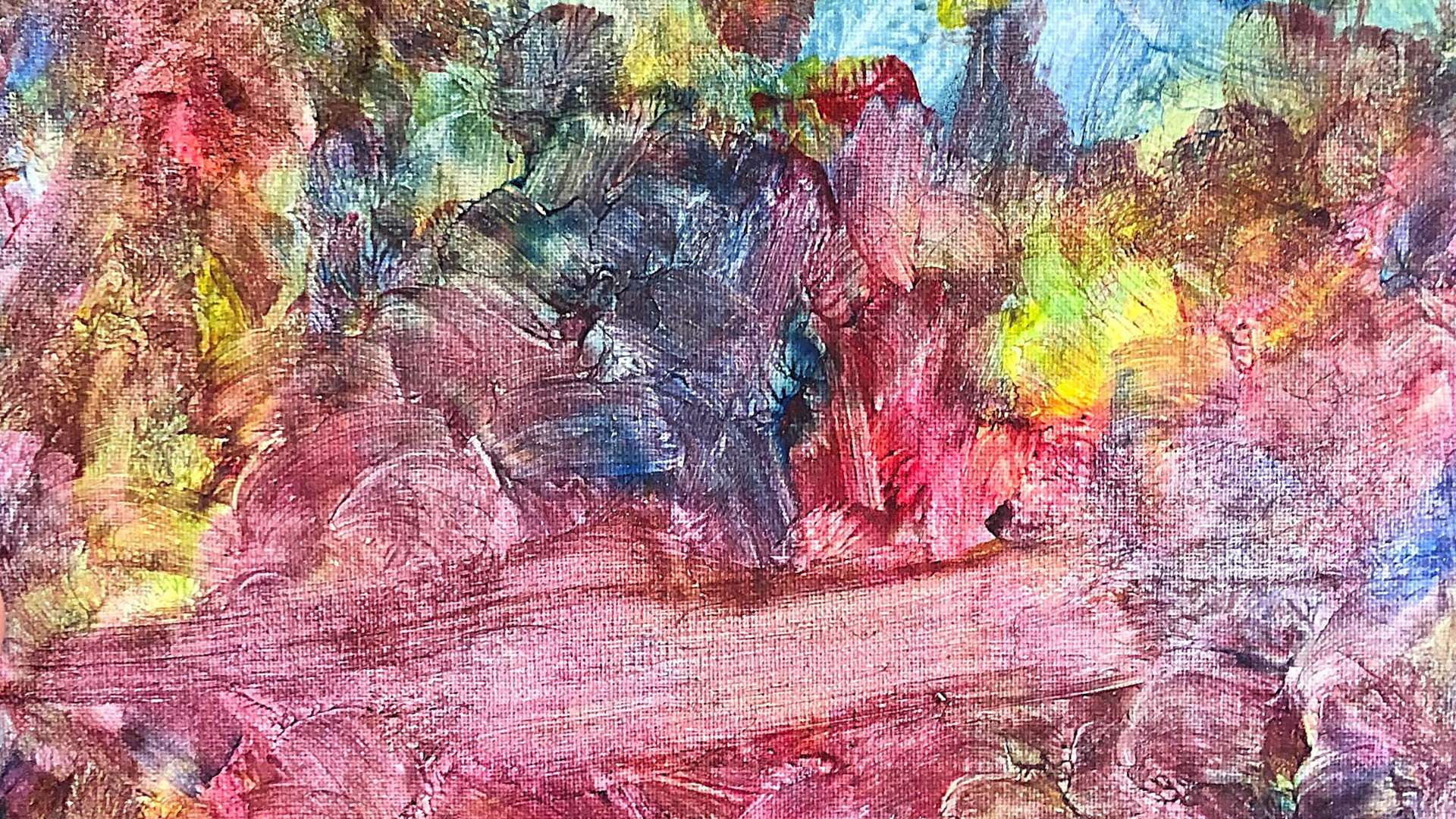   Abstract painting with layered brushstrokes in red, purple, yellow, and blue creating a textured, colorful composition.