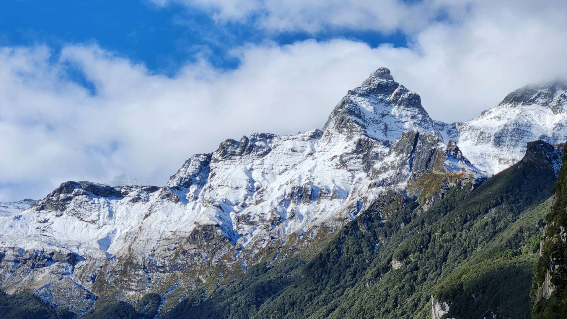 Snow-covered mountain peak with rugged slopes and green forest at the base under a bright blue sky with scattered clouds.