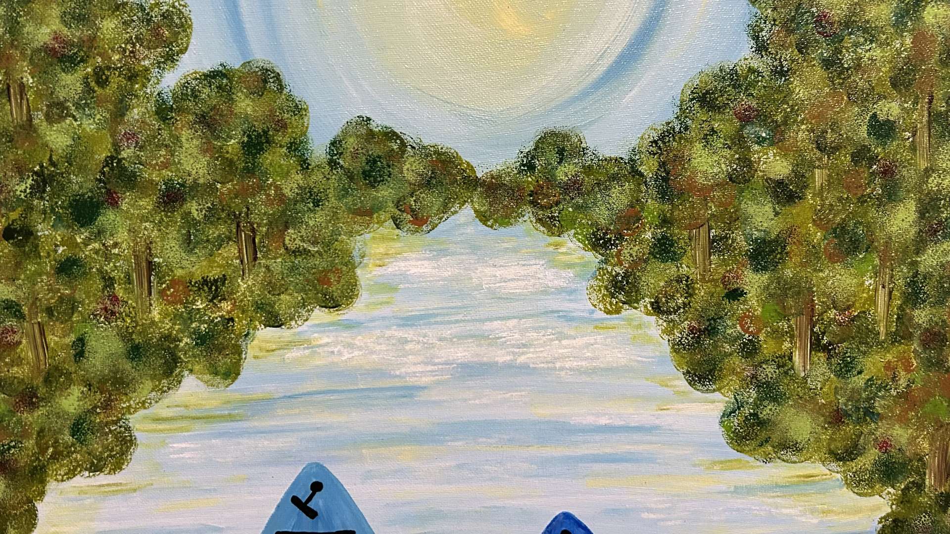   Painting of two blue kayaks on a calm river surrounded by green trees under a bright sunlit sky.