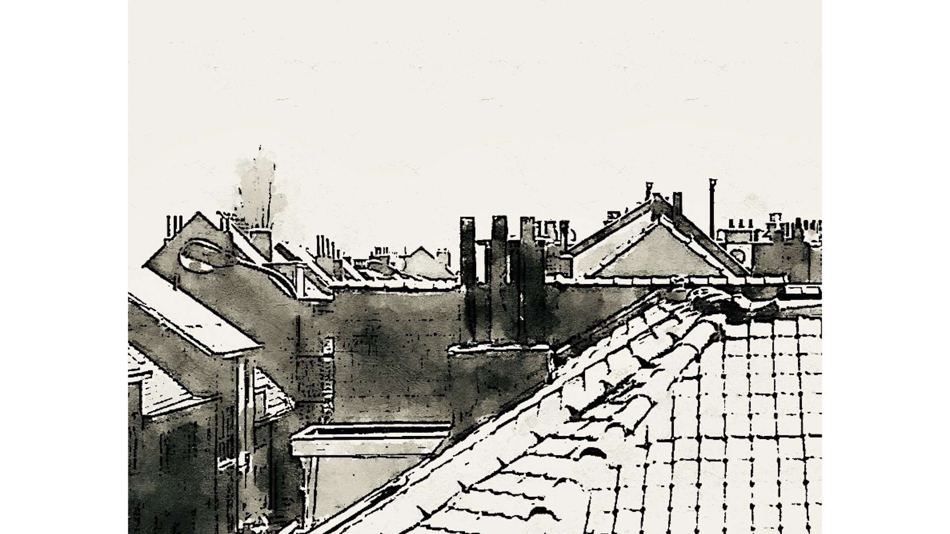   Ink sketch of urban rooftops with chimneys and slanted tiles against a blank sky.