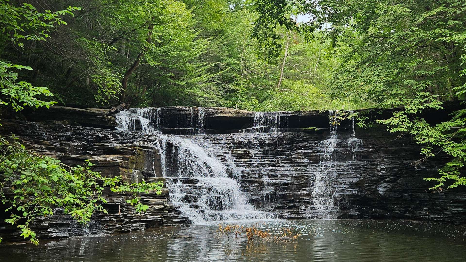 Wide waterfall flowing over layered rock ledges into a calm pool surrounded by dense green forest.