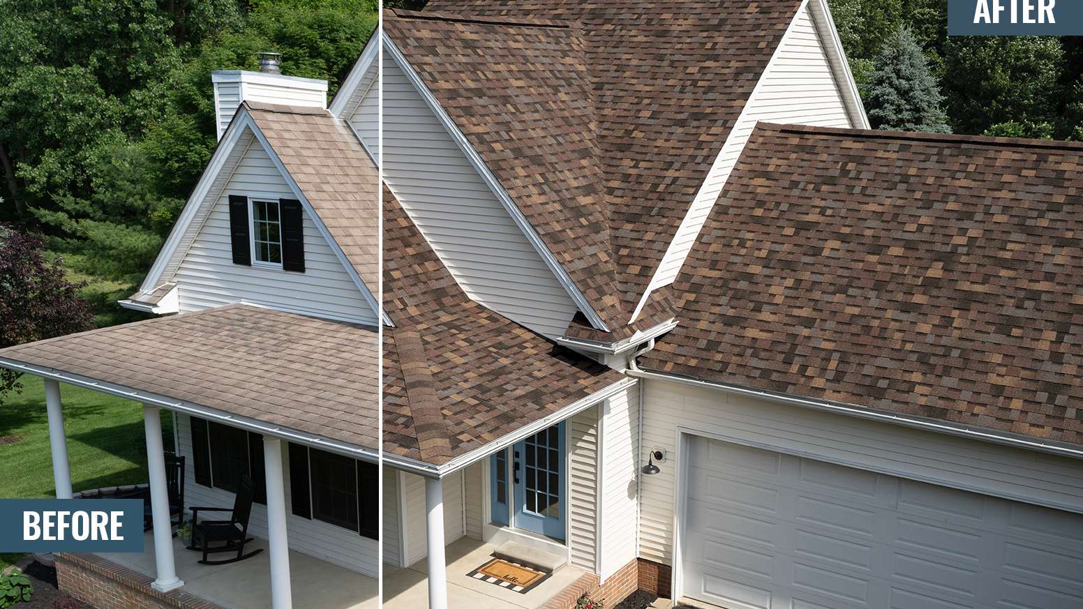 Before and After photos side by side of a cream colored home with new Summer Harvest Duration Designer shingles