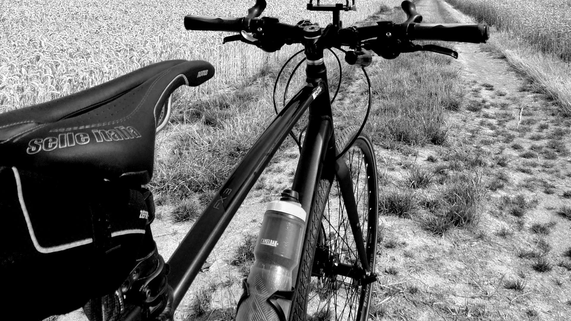 Close-up of a black road bike with water bottles mounted on the frame, positioned on a dirt path that stretches through an open field under a cloudy sky.