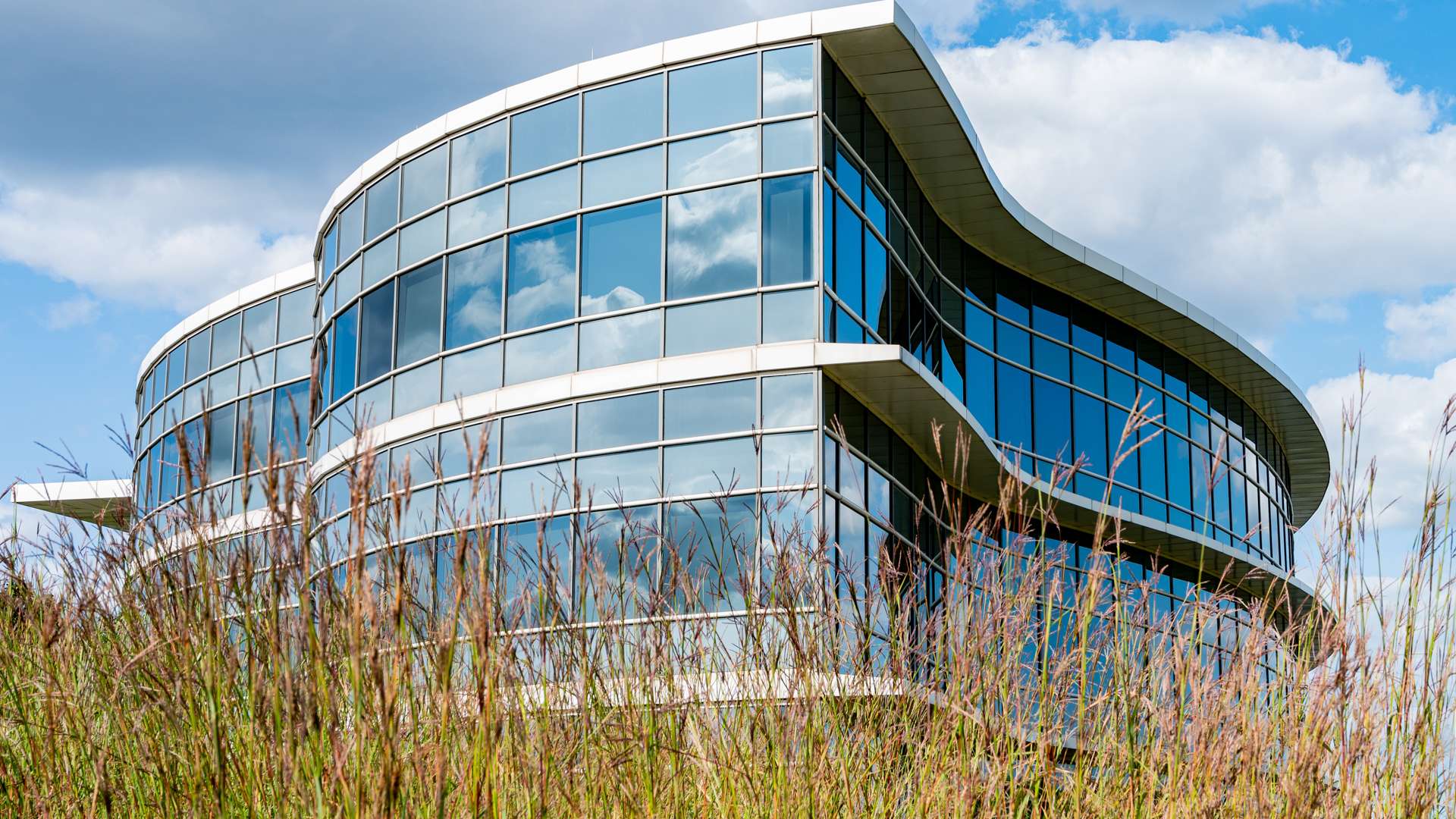 Modern glass building with curved architecture and reflective windows, viewed through tall grass under a partly cloudy sky.