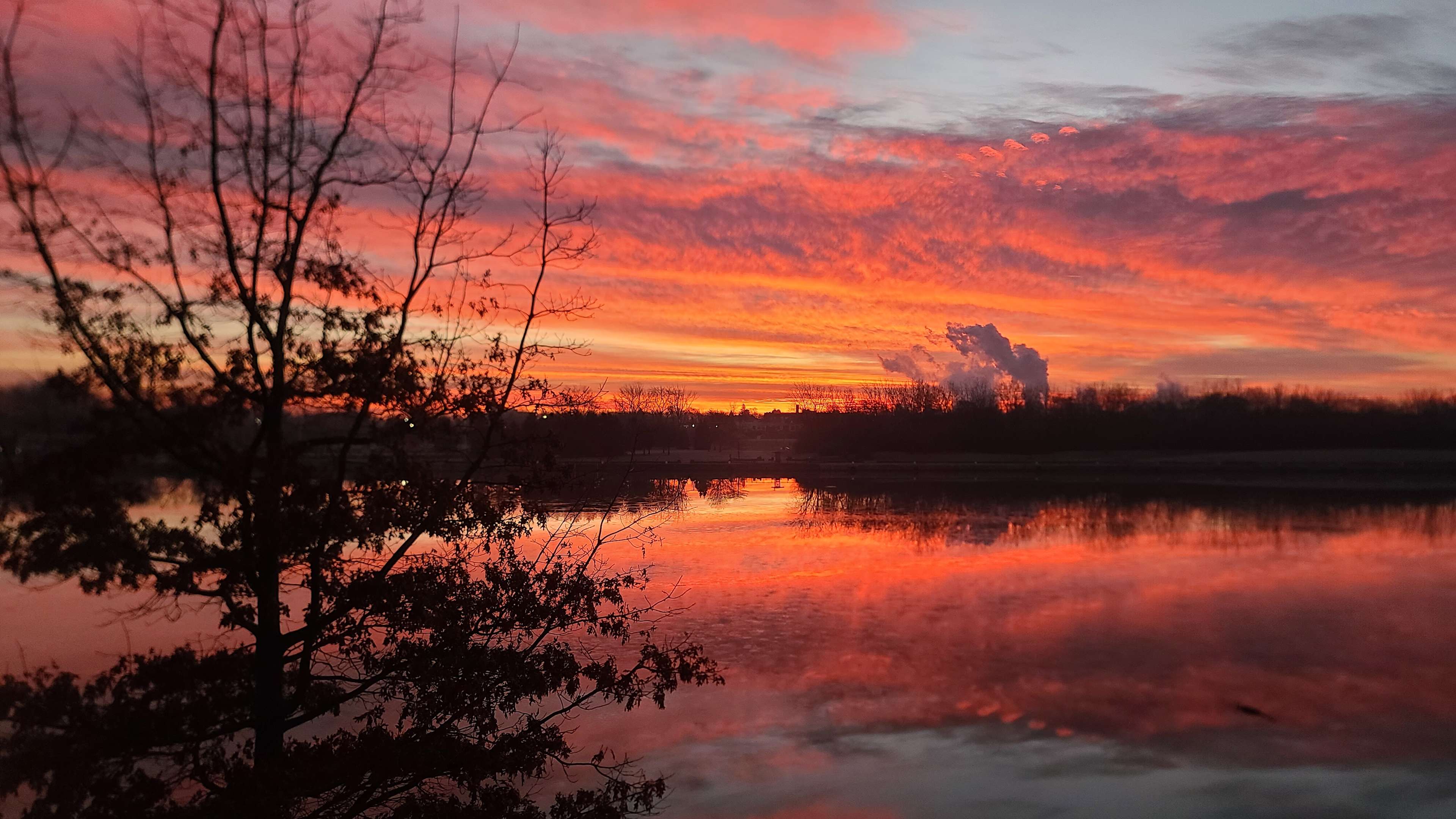 Vibrant sunrise over a calm river with fiery orange and pink clouds reflecting on the water and a silhouetted tree in front.