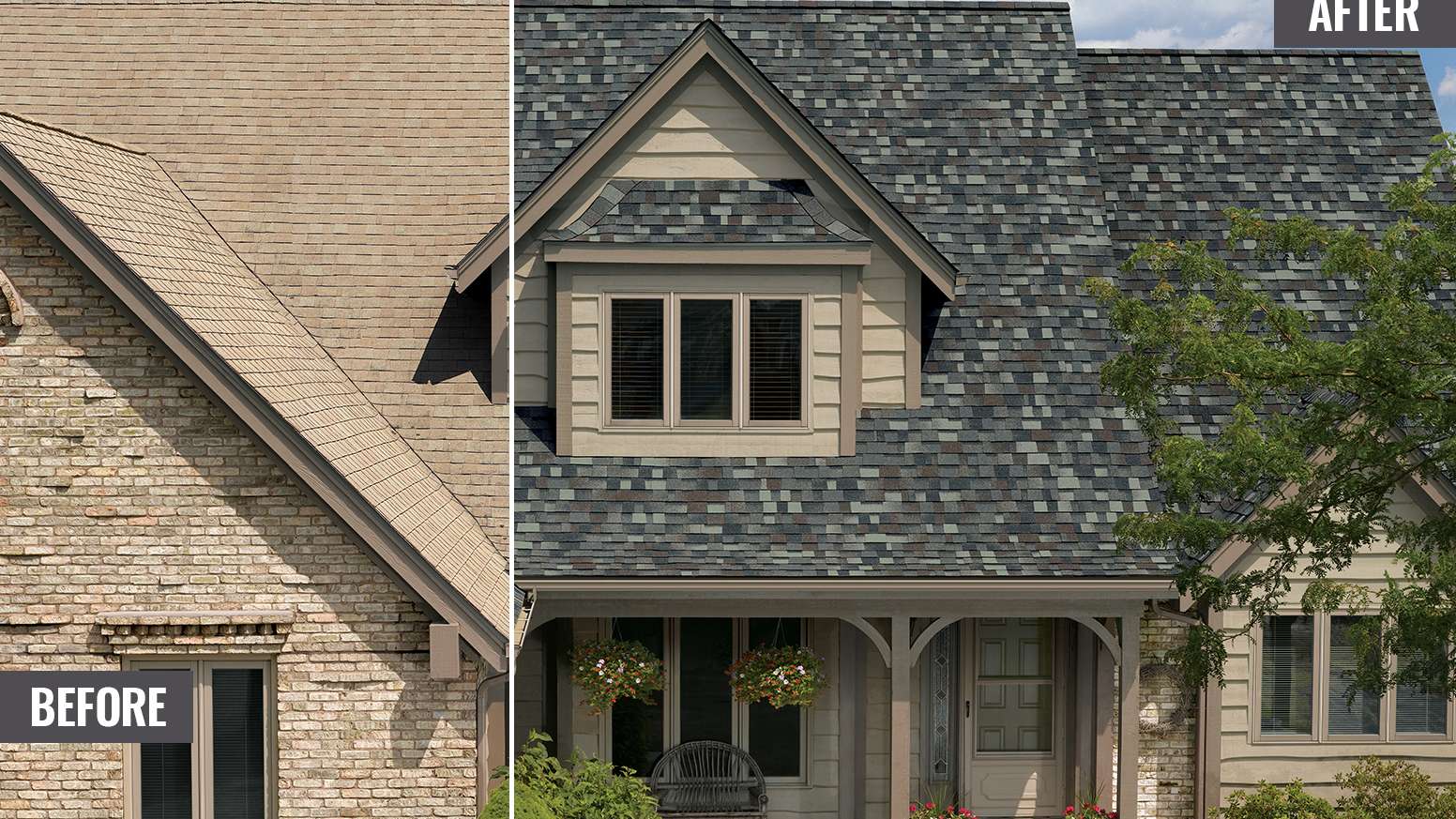 Before and After photos side by side of a tan home with new Storm Cloud Duration Designer shingles