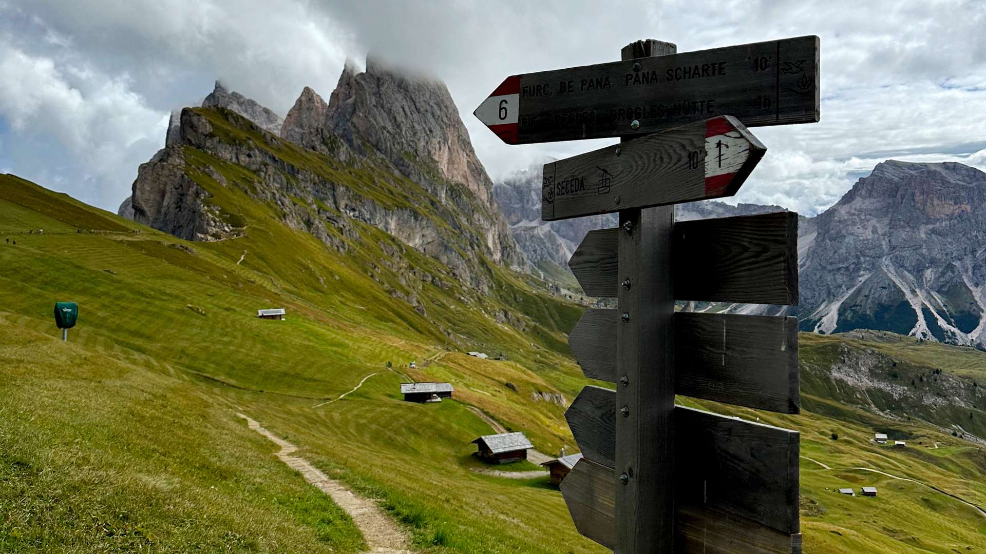 Wooden trail signpost on a grassy mountain path with scattered huts and jagged Dolomite peaks under cloudy skies.